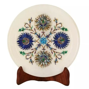 7" Weiß Marmor Servierplatte Lapis Stein Abalone Muschel Floral Intarsien Esszimmer Deko - Bild 1 von 8