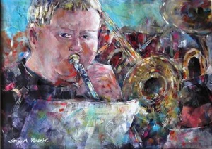 NEW BEAUTIFUL SERA KNIGHT ORIGINAL "Trombone Player II" Music Concert PAINTING - Picture 1 of 1