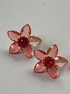 Large Peachy Pink Faceted Plastic w Red Center Spikey Flower Post Earrings for - Picture 1 of 9