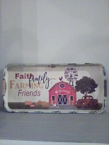 Large Metal Serving Tray Farmhouse Barn Scene 21"x 10" Wooden Handles - Picture 1 of 6