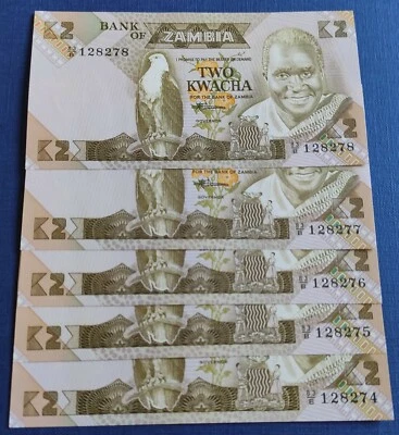 Consecutive LOT Zambia, 5 x 2 Kwacha, ND (1980-1988), Pick 24 (24c), Sign. 7 UNC - Image 1 of 2