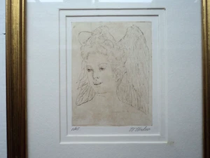 ORIG #D DRYPOINT ETCHING BY N NADZO FRAMED PORTRAIT OF BOY ANGEL IN BURNT SIENNA - Picture 1 of 5