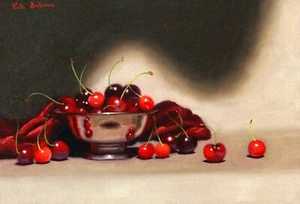 VICKI SULLIVAN ORIGINAL Silver Bowl with Cherries fruit STILL LIFE OIL PAINTING - Picture 1 of 1