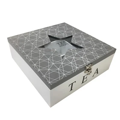 Karla - Geometric Wooden Tea Box with 9 Compartments Star Glass Top (Grey) - Image 1 of 2