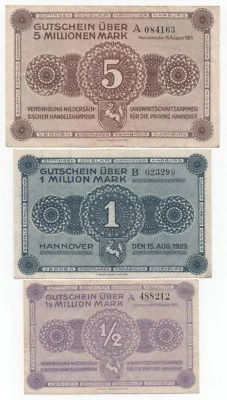 GERMANY HANNOVER 3 X GUTSCHEIN NOTGELD 1923 EMERGENCY MONEY LOOK SCANS - Image 1 of 2