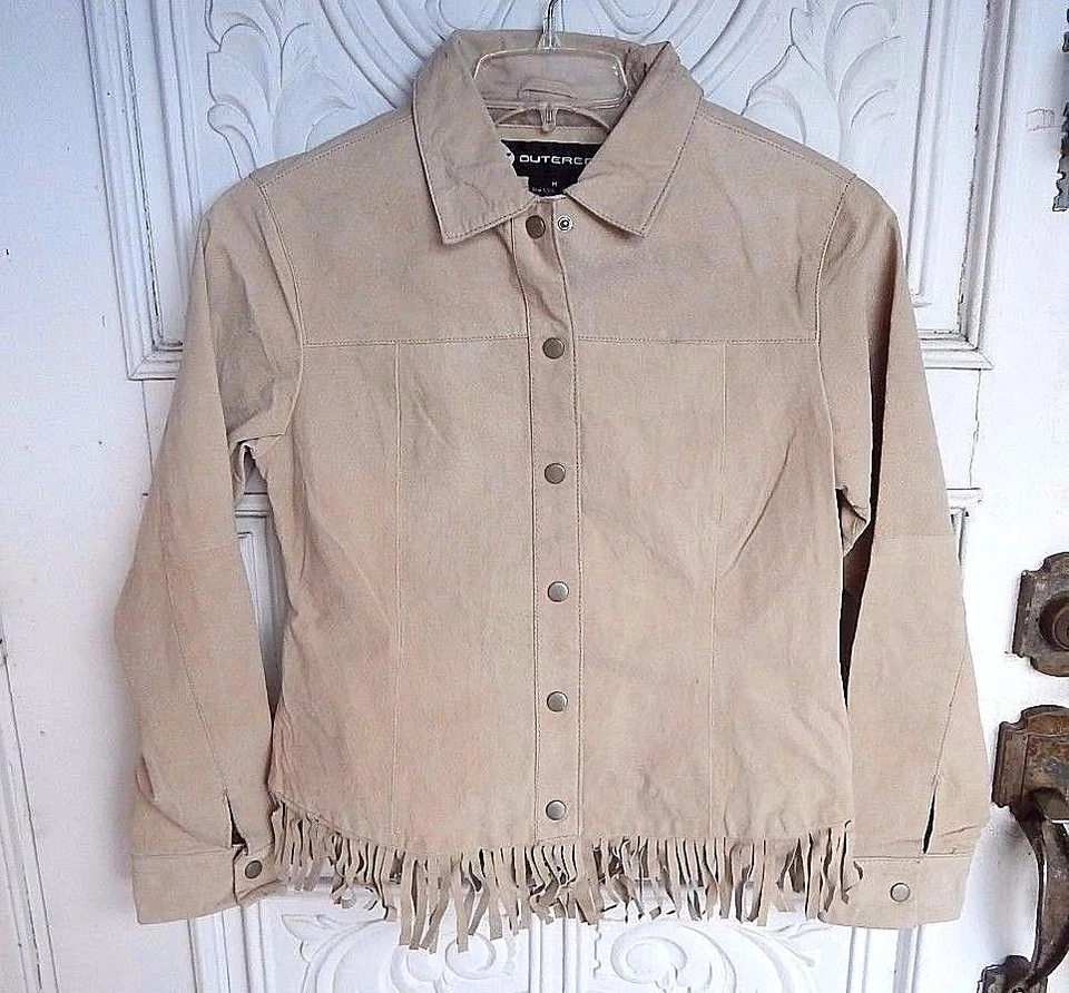 Outeredge Outer Edge Beige Snap-front Real Leather Fringed Size M Jacket EUC - Image 1 of 3