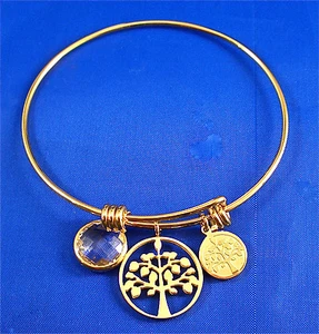STAINLESS STEEL GOLD TONE TREE OF LIFE CHARMS BANGLE, 7" - Picture 1 of 7