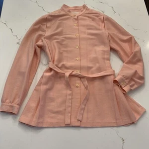 Long Sleeve Peach Colored Button Up Blouse-Jacket w/ Mandarin Collar & Belt Sz L - Picture 1 of 9