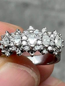 Diamond Marquise Ring 14K Solid White Gold Size Vintage Cluster Ring Natural - Picture 1 of 13