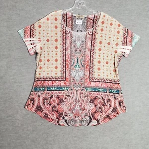One World Women Top 1X Pink Blouse Floral Paisley Patchwork Boho Studded - Picture 1 of 10