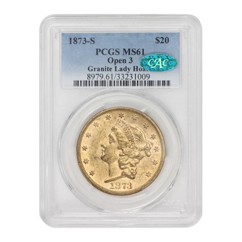 1873-S $20 Gold Liberty Double Eagle PCGS MS61 Open 3 Variety CAC Certified coin Cover
