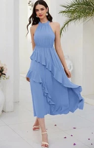 Grace Karin Blue Sleeveless Halter Dress Women's Large, Flowy Swing Long Small - Picture 1 of 4