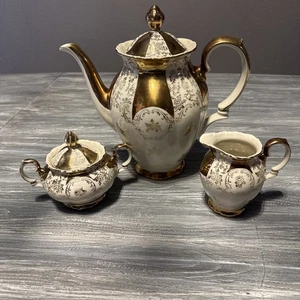 Bareuther Waldsassen Bavaria Germany Teeservice Teekanne Zuckerdose Creme Gold - Bild 1 von 24