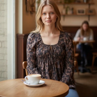 GAP XXS Leopard Print Long Sleeve Satin Tie Front Coquette Babydoll Top Witchy - Image 1 of 4