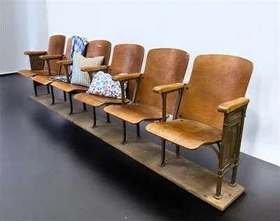 6 Vintage Wood Folding Theater Seats, Auditorium Seats, Entryway Bench, E3 - Image 1 of 4