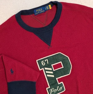 Polo Ralph Lauren PILE FLEECE LETTERMAN SWEATSHIRT HOLIDAY RED/CRUISE NAVY L - Picture 1 of 7