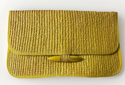 Vintage Yellow Wicker Raffia Purse Clutch Bag Hand Made in Hong Kong Large Snap - Image 1 of 4