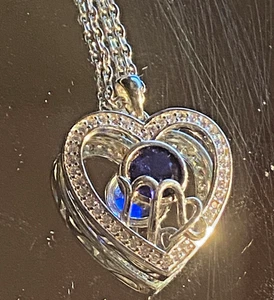 Sterling Silver Heart Necklace "M" Mom Pendant Blue Stone UV Reactive Glow S925 - Picture 1 of 7
