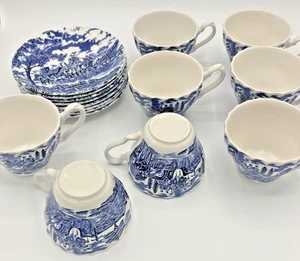 Myott Royal Mail Blue & White Staffordshire Cups & Saucers Set of 8 England - Picture 1 of 14