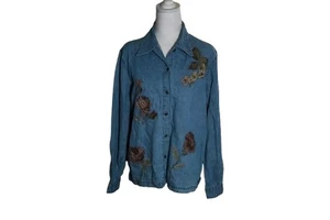 Lemon Grass Y2 K Embroidered Denim Chambray Shirt Damen L Blumenapplikation  - Bild 1 von 6