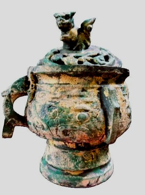 Vintage Cast Iron INCENSE BURNER Foo Dog- Gold, Green, Black 5.5" Tall, 5" Wide - Image 1 of 4