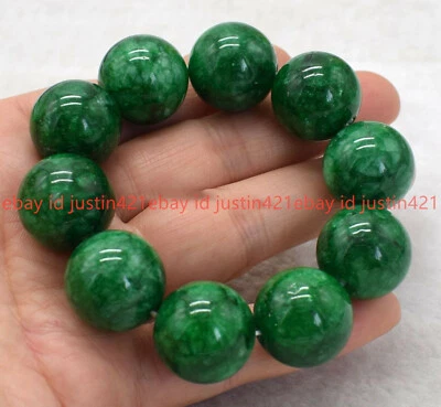 Huge 20mm Natural Green Jadeite Jade Gemstone Round Beads Elastic Bracelet 7.5'' - Image 1 of 4