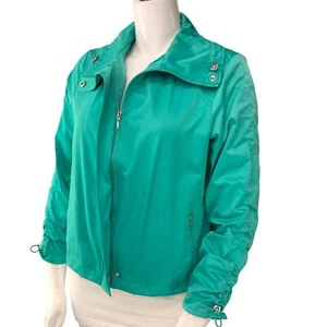 Chicos Sz 2 US 12 Large Rain Jacket Nylon Full Zip Green Ruched Sleeve TINY FLAW - Picture 1 of 17