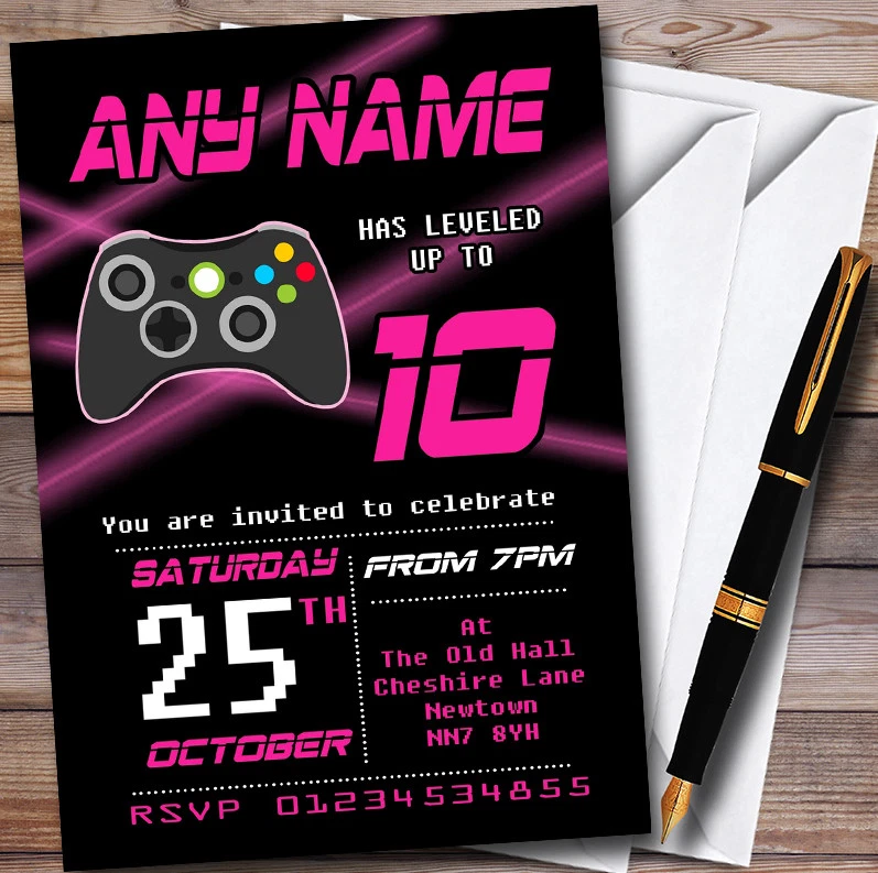 Girls Laser Video Gaming Personalised Childrens Birthday Party Invitations - Image 1 of 1