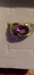Vintage 14k Gelbgold Lünette oval Amethyst Diamant breit 5,0gr Ring 6,5 JS632OOY - Bild 1 von 13