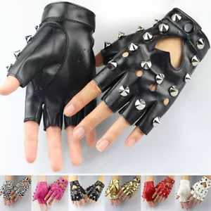 Finger Stud Rivet Punk Gothic Chic Women Faux Leather Fingerless Gloves Half - Picture 1 of 19