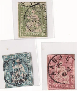 Helvetia (Switzerland) Stamps_ 1854_Seated Imperf set_10, 15, 40 Rp_Cancel: CDS - Picture 1 of 5