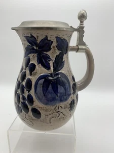 Vtg Studio Pottery Large Gray Pitcher/Stein Blue Fruit W. Germany - Picture 1 of 9