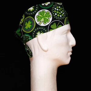 St. Patrick's Day & Shamrocks with Dots on Black Scrub Hat - Picture 1 of 1