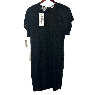 全新带标签 复古 Stenay 尺寸 10 真丝亮片珠鸡尾酒假日礼服 Glam 黑色 — 第 1/4 张图片