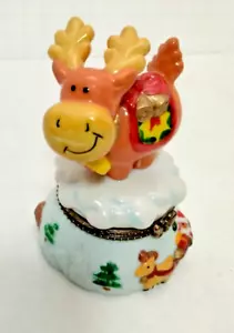 ADORABLE HOLIDAY REINDEER TRINKET BOX WITH SANTA 3” PORCELAIN - Picture 1 of 11