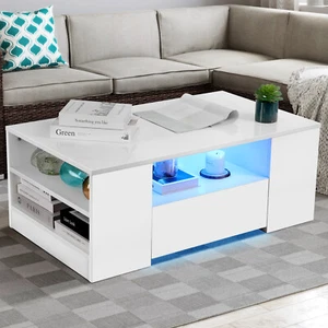 Couchtisch mit Schubladen RGB LED Modernes Wohnzimmer Hochglanz Weiß aus Holz - Bild 1 von 13