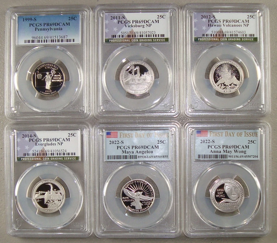 Lot of (6) 1999-2022 Proof Clad Quarters PCGS PR69DCAM - State, ATB & Women - Image 1 of 3