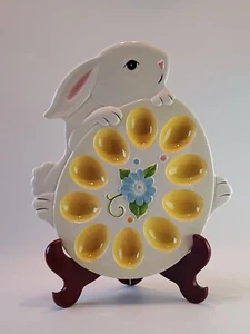 Pier 1 Stoneware Easter Bunny Deviled Egg /Dyed Easter Egg Plate 11.75"×10" EUC  - Picture 1 of 23