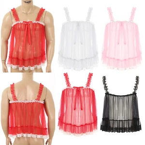 Mens Undershirt Nightdress Underwear Camisole Top Babydoll Shirt Sissy Bow AU - Picture 1 of 59