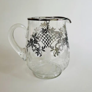 Vintage Sterling Silver Floral Lattice Overlay & Etched Glass Pitcher — 2 Quart - Picture 1 of 9