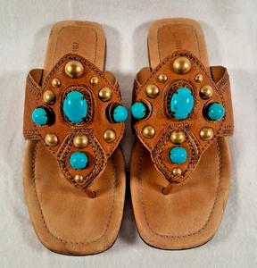 Miu Miu Sandals Thong Calzature Donna Turquoise Buffalo Stone Tan EU 36, U.S. 6 - Picture 1 of 13