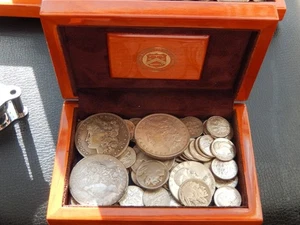 3 Morgan Dollars, + $6.00 face Silver + Buffalo 5c, wood box #4 - Picture 1 of 12