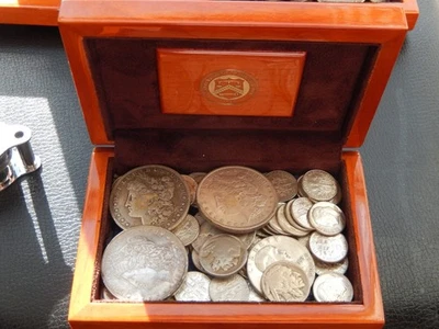 3 Morgan Dollars, + $6.00 face Silver + Buffalo 5c, wood box #4 - Image 1 of 4