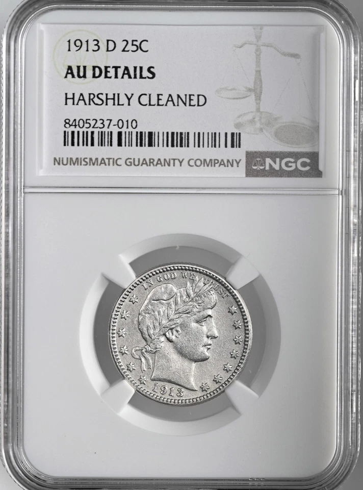 1913-D  25C BARBER SILVER QUARTER  NGC AU DETAILS "HARSHLY CLEANED" #8405237-010 - Image 1 of 4