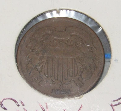 Civil War Era coin 1865 US Two Cent  Pc. , see scans for condition. 2 cent coin - Image 1 of 4