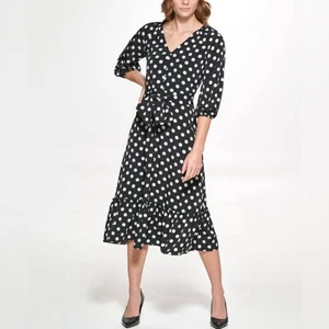 Nuevo con etiquetas Vestido Karl Lagerfeld Paris Estampado a Lunares Dobladillo Volantes Midi Negro Talla 6 - Imagen 1 de 11
