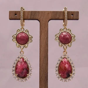 Natural Gemstone Faceted Red Rhodonite Dangle Earrings Handmade For Lady - Picture 1 of 7