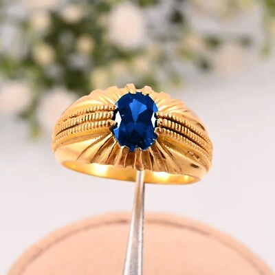 Anel de presente de casamento masculino ouro amarelo 14K feito à mão AAA natural topázio azul Londres - Imagem 1 de 3