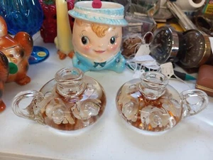 Vintage 5" Joe St Clair Glass Candleholder Paperweights Caramel & White Design - Picture 1 of 10