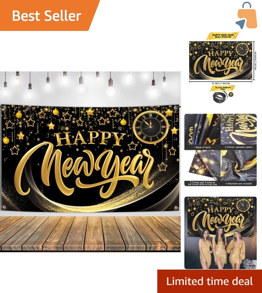 2025 New Year Eve XtraLarge Banner - Premium Black & Gold Photography Backdrop - Image 1 of 4